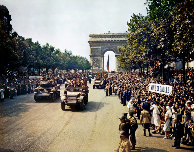 General Leclerc's 2nd Armored Division passes through the Arc du Triomphe